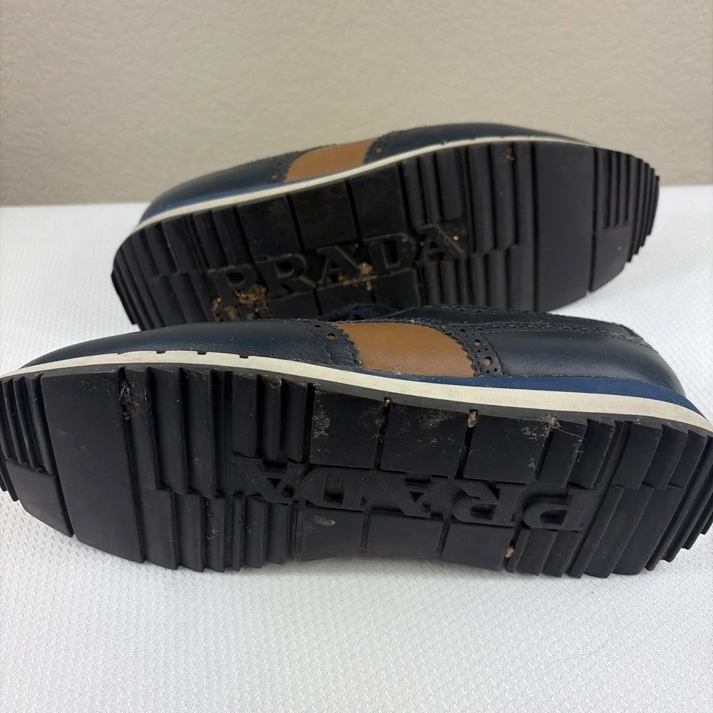 Prada Vit Montana derby calf leather platform sports Wing-Tip Brown Navy US 7.5